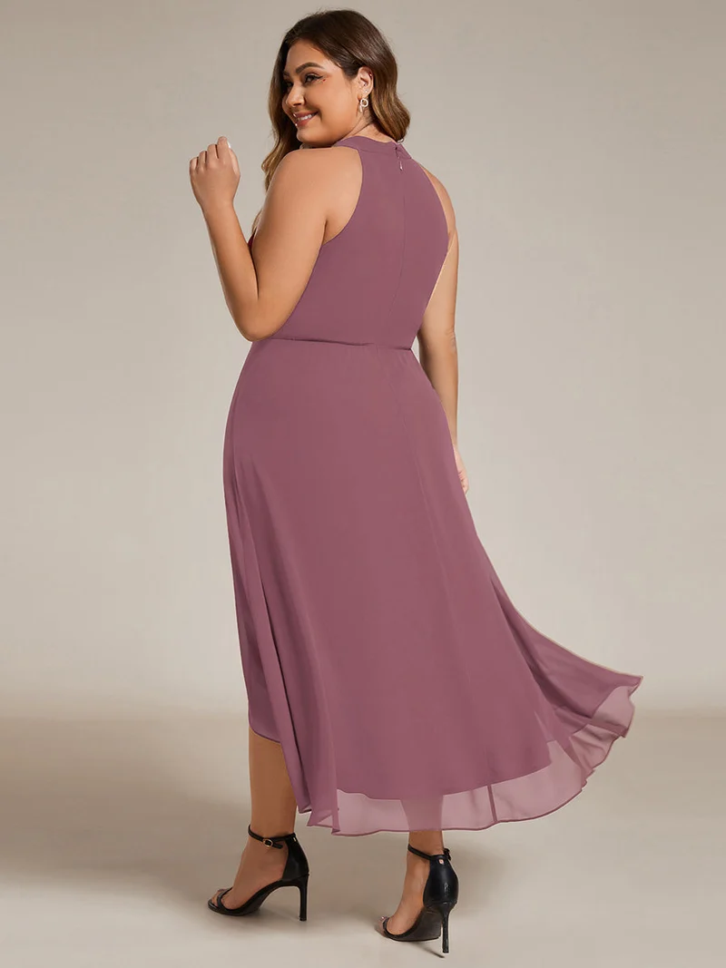 pretty POSIE|Grande Taille Robe d'invité de mariage mi-longue sans manches et col licou en mousseline de soie