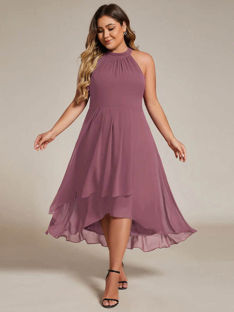 pretty POSIE|Grande Taille Robe d'invité de mariage mi-longue sans manches et col licou en mousseline de soie