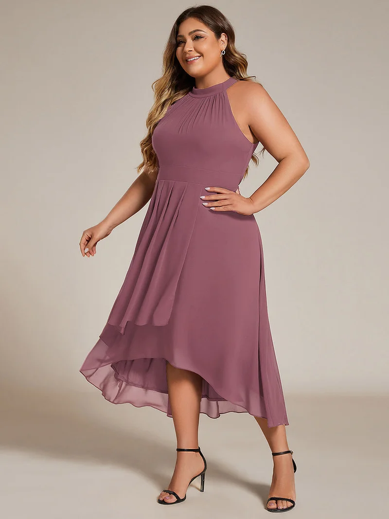 pretty POSIE|Grande Taille Robe d'invité de mariage mi-longue sans manches et col licou en mousseline de soie