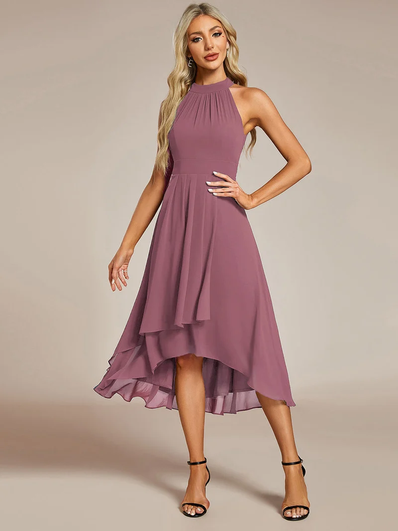 pretty POSIE|Grande Taille Robe d'invité de mariage mi-longue sans manches et col licou en mousseline de soie