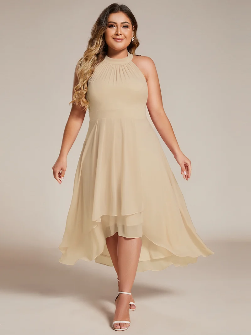 pretty POSIE|Grande Taille Robe d'invité de mariage mi-longue sans manches et col licou en mousseline de soie