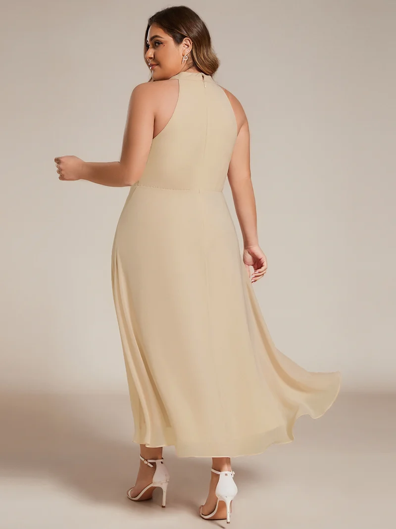 pretty POSIE|Grande Taille Robe d'invité de mariage mi-longue sans manches et col licou en mousseline de soie