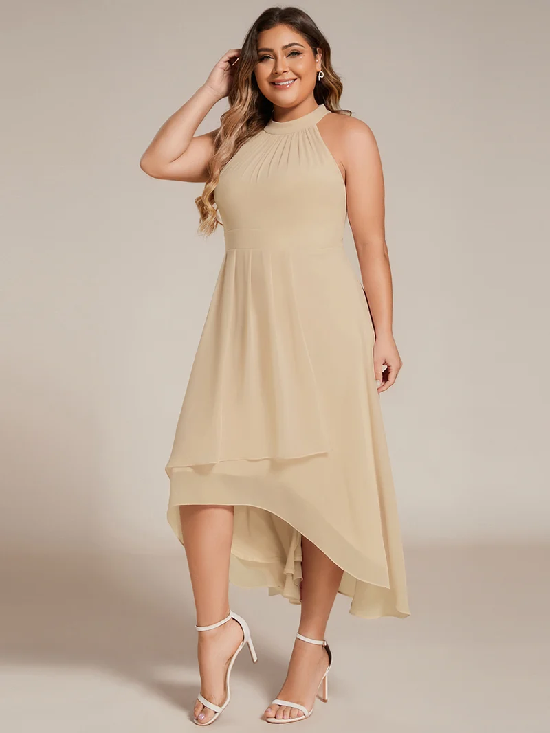 pretty POSIE|Grande Taille Robe d'invité de mariage mi-longue sans manches et col licou en mousseline de soie