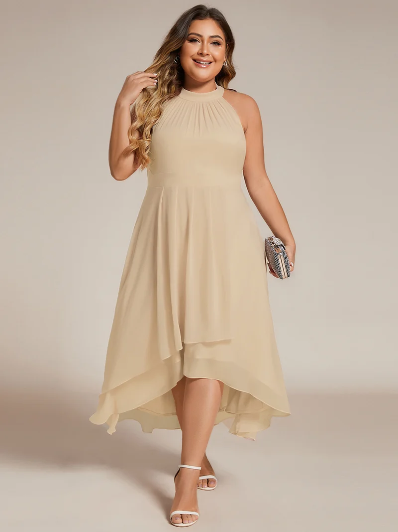 pretty POSIE|Grande Taille Robe d'invité de mariage mi-longue sans manches et col licou en mousseline de soie