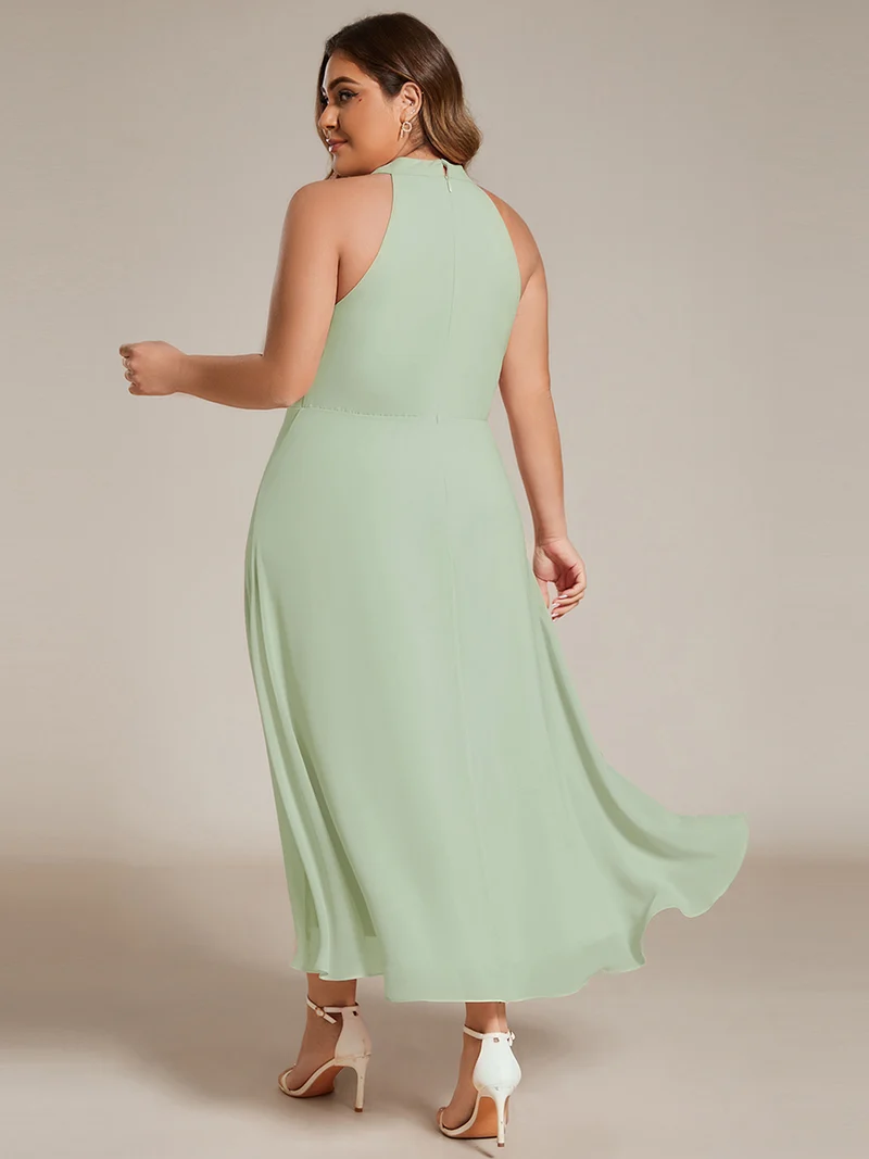 pretty POSIE|Grande Taille Robe d'invité de mariage mi-longue sans manches et col licou en mousseline de soie