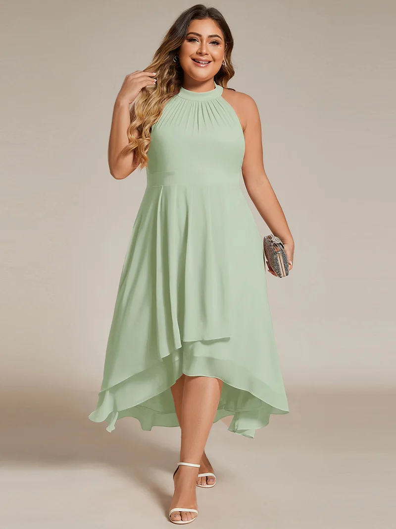 pretty POSIE|Grande Taille Robe d'invité de mariage mi-longue sans manches et col licou en mousseline de soie