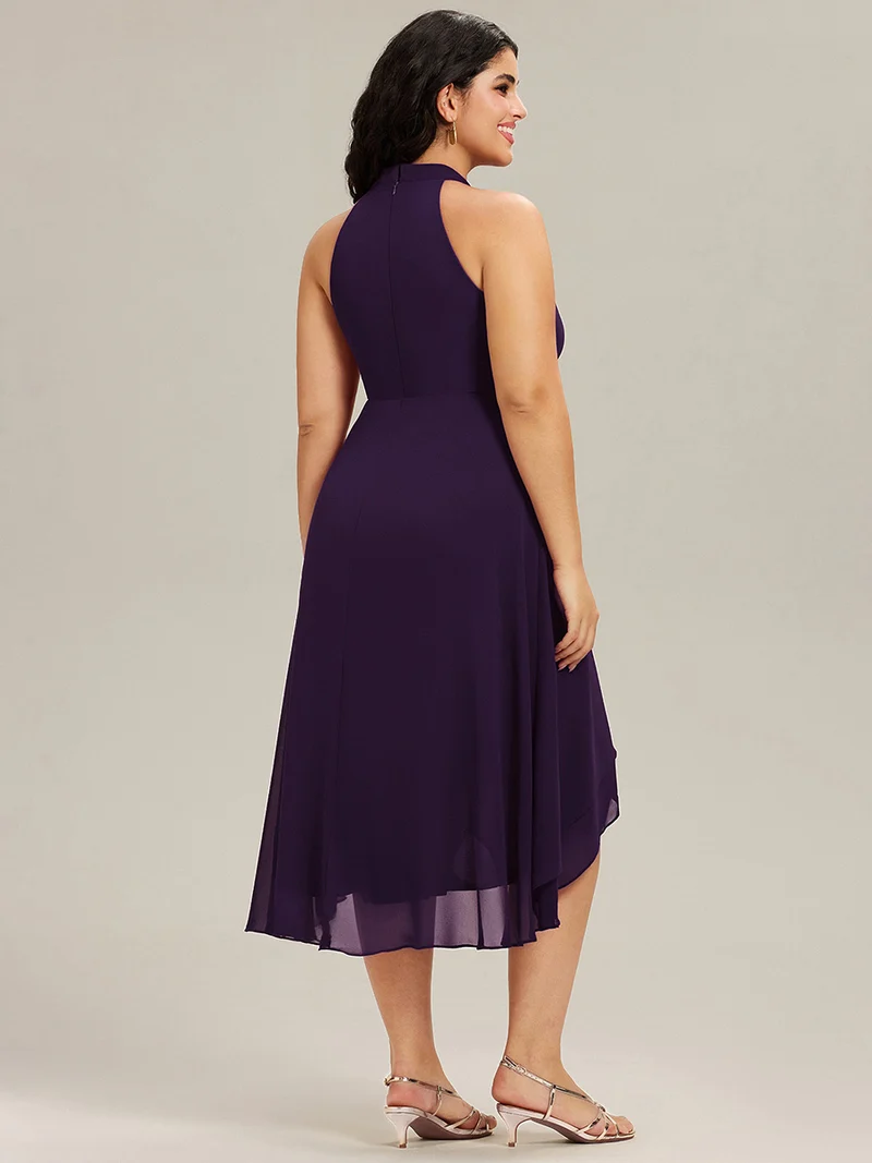 pretty POSIE|Grande Taille Robe d'invité de mariage mi-longue sans manches et col licou en mousseline de soie