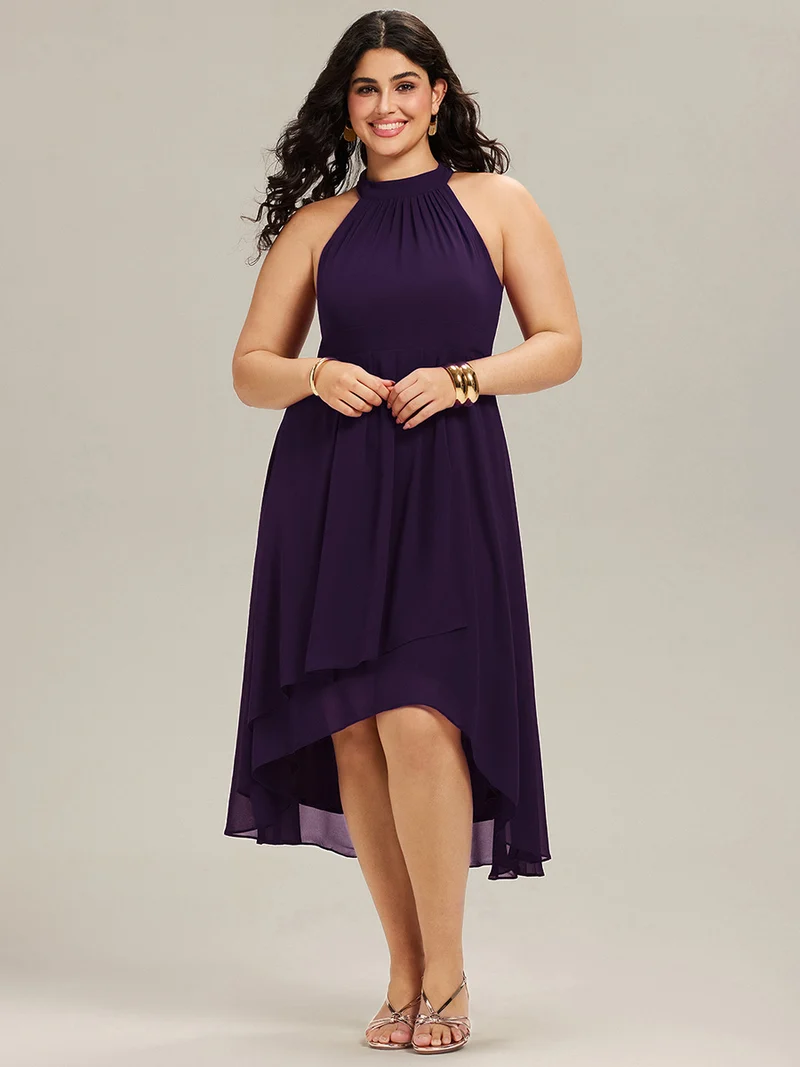 pretty POSIE|Grande Taille Robe d'invité de mariage mi-longue sans manches et col licou en mousseline de soie