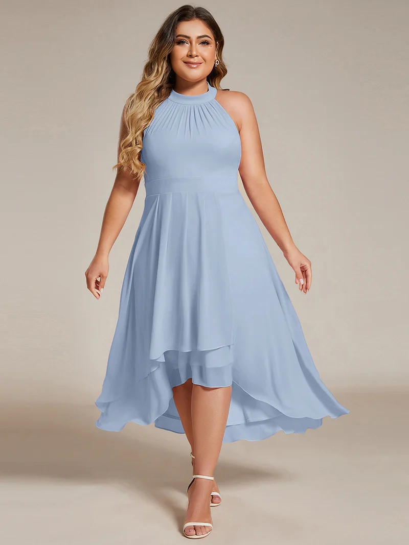 pretty POSIE|Grande Taille Robe d'invité de mariage mi-longue sans manches et col licou en mousseline de soie
