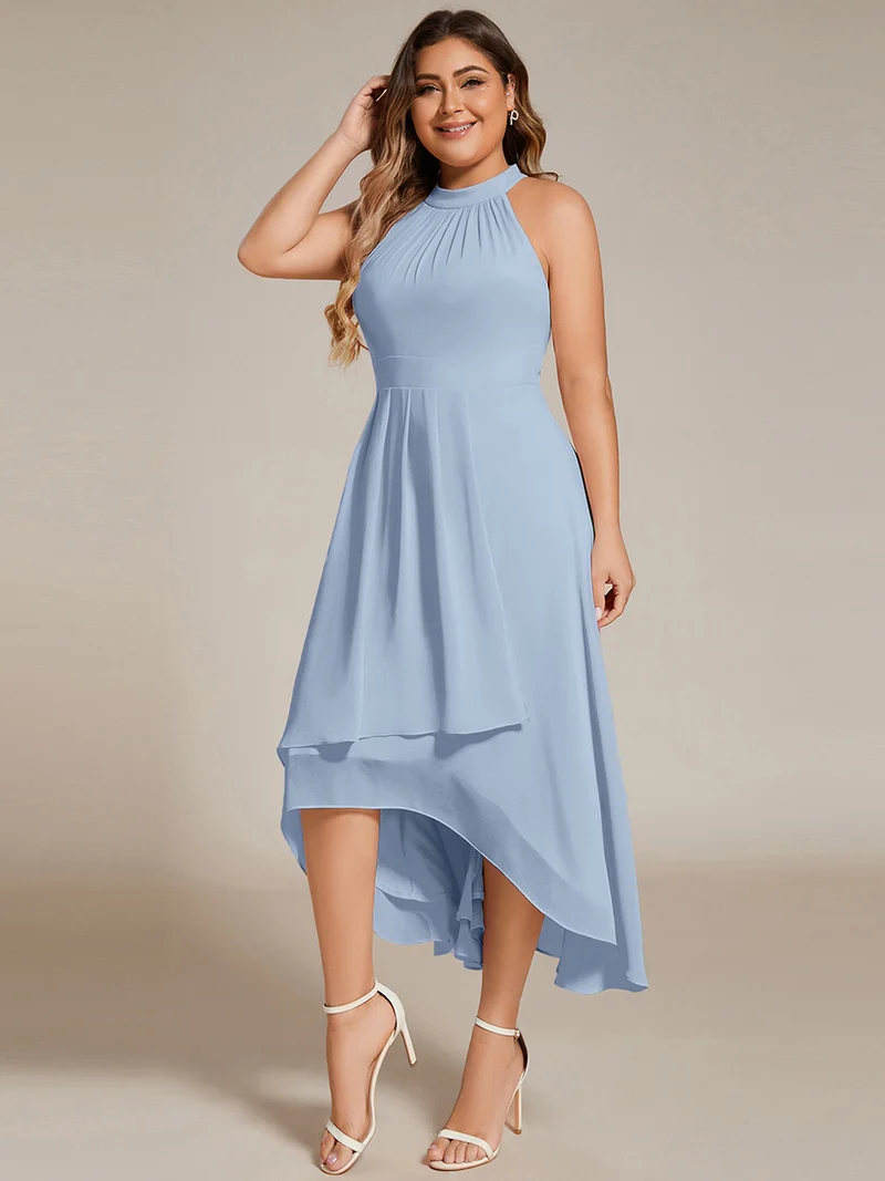 pretty POSIE|Grande Taille Robe d'invité de mariage mi-longue sans manches et col licou en mousseline de soie