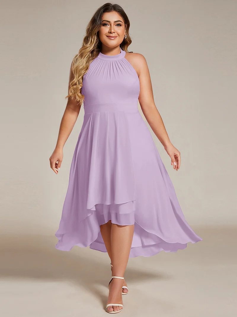 pretty POSIE|Grande Taille Robe d'invité de mariage mi-longue sans manches et col licou en mousseline de soie