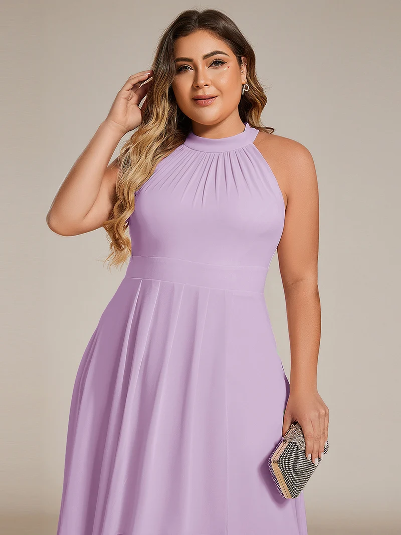 pretty POSIE|Grande Taille Robe d'invité de mariage mi-longue sans manches et col licou en mousseline de soie