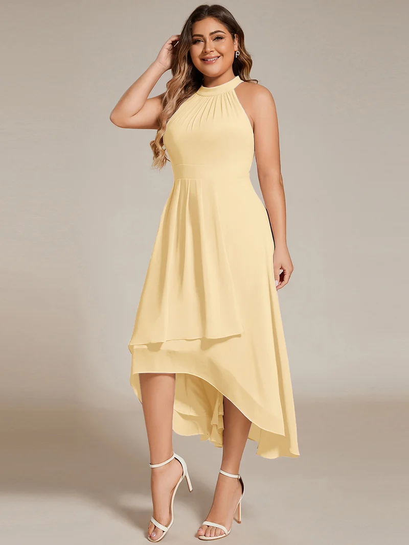 pretty POSIE|Grande Taille Robe d'invité de mariage mi-longue sans manches et col licou en mousseline de soie