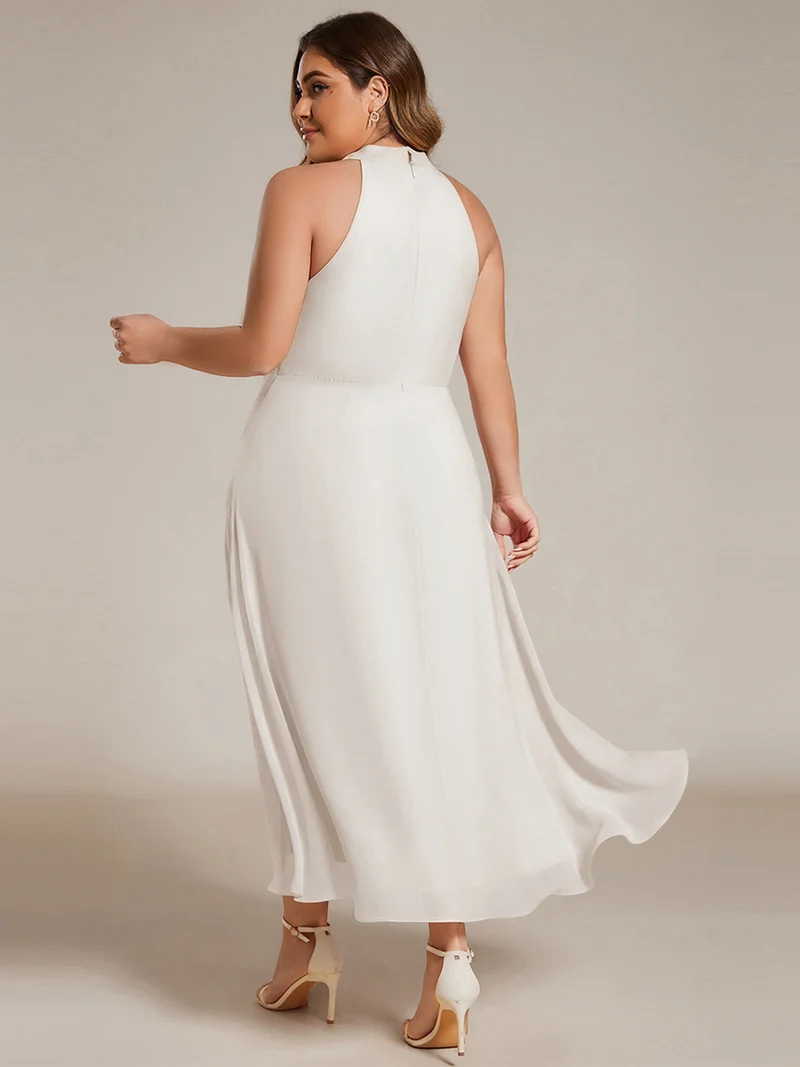 pretty POSIE|Grande Taille Robe d'invité de mariage mi-longue sans manches et col licou en mousseline de soie