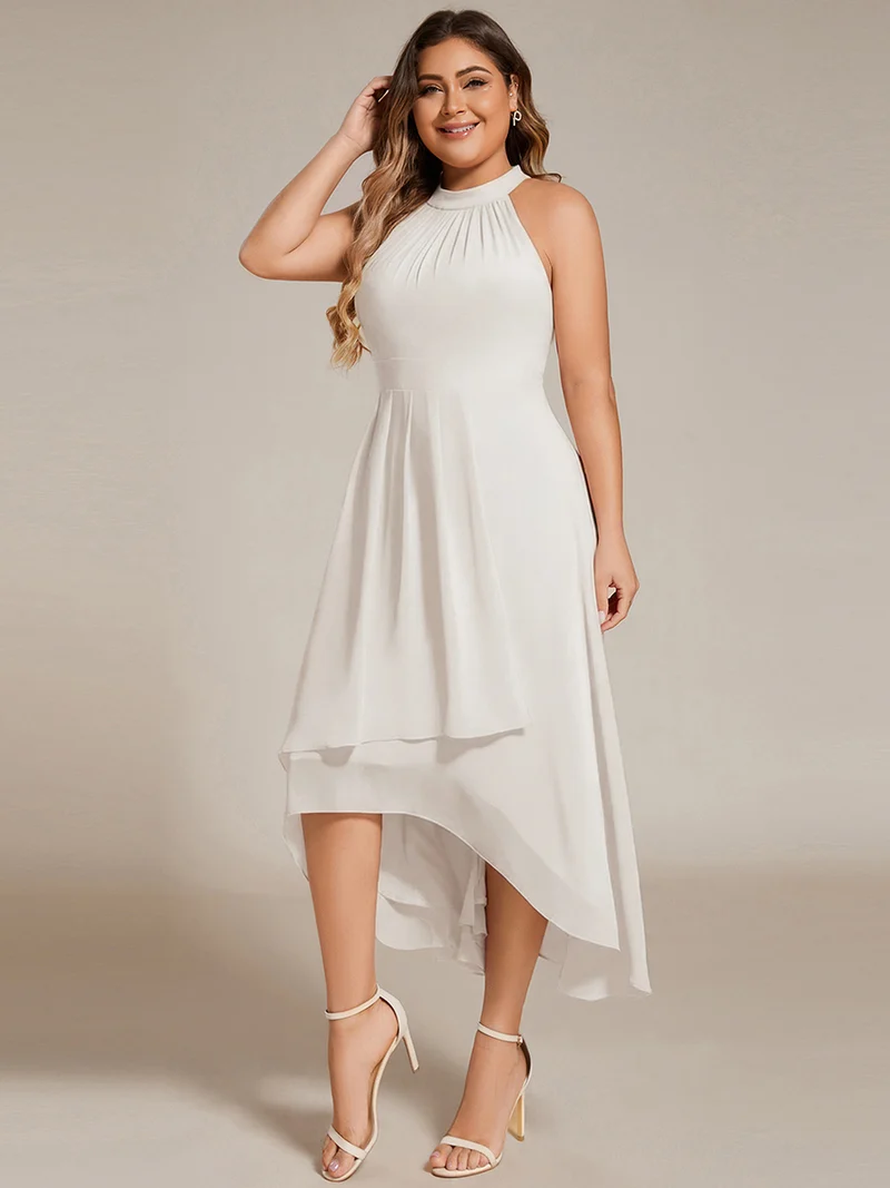 pretty POSIE|Grande Taille Robe d'invité de mariage mi-longue sans manches et col licou en mousseline de soie