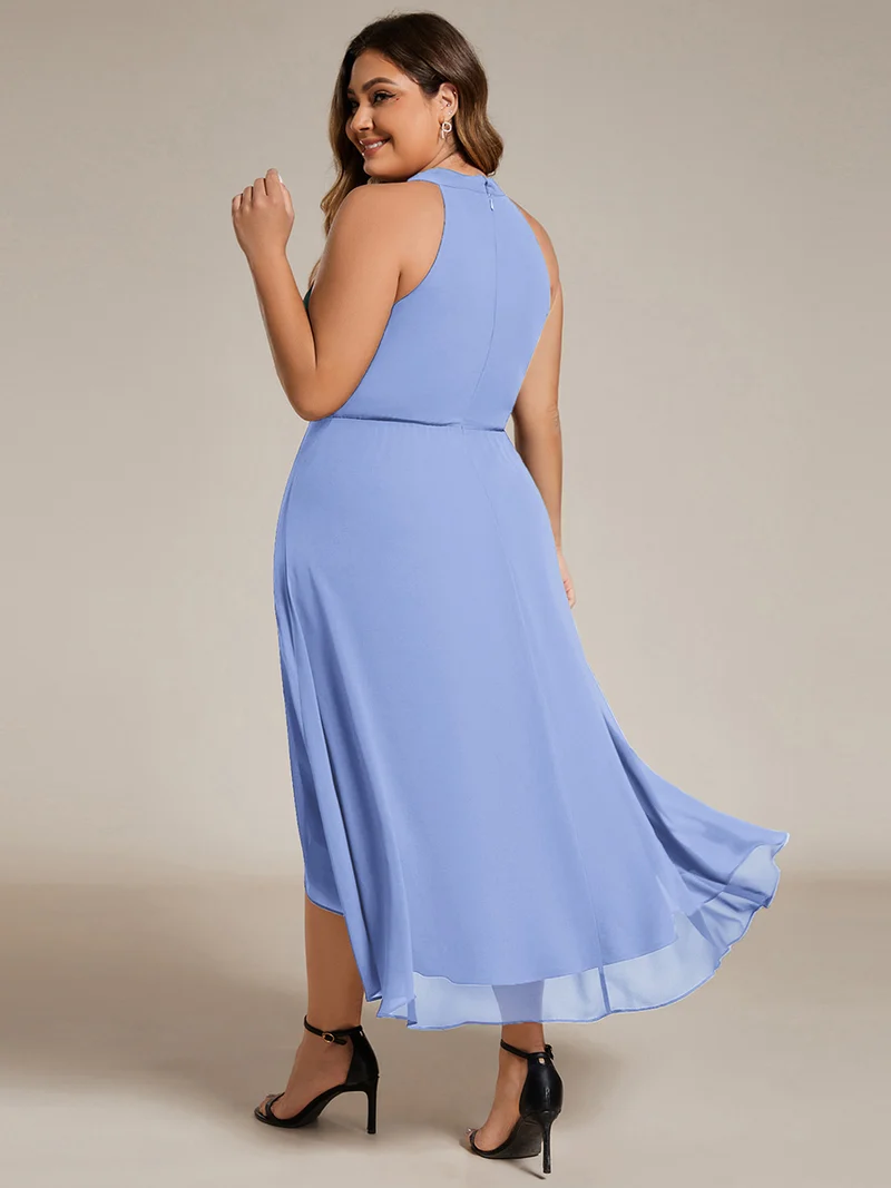 pretty POSIE|Grande Taille Robe d'invité de mariage mi-longue sans manches et col licou en mousseline de soie