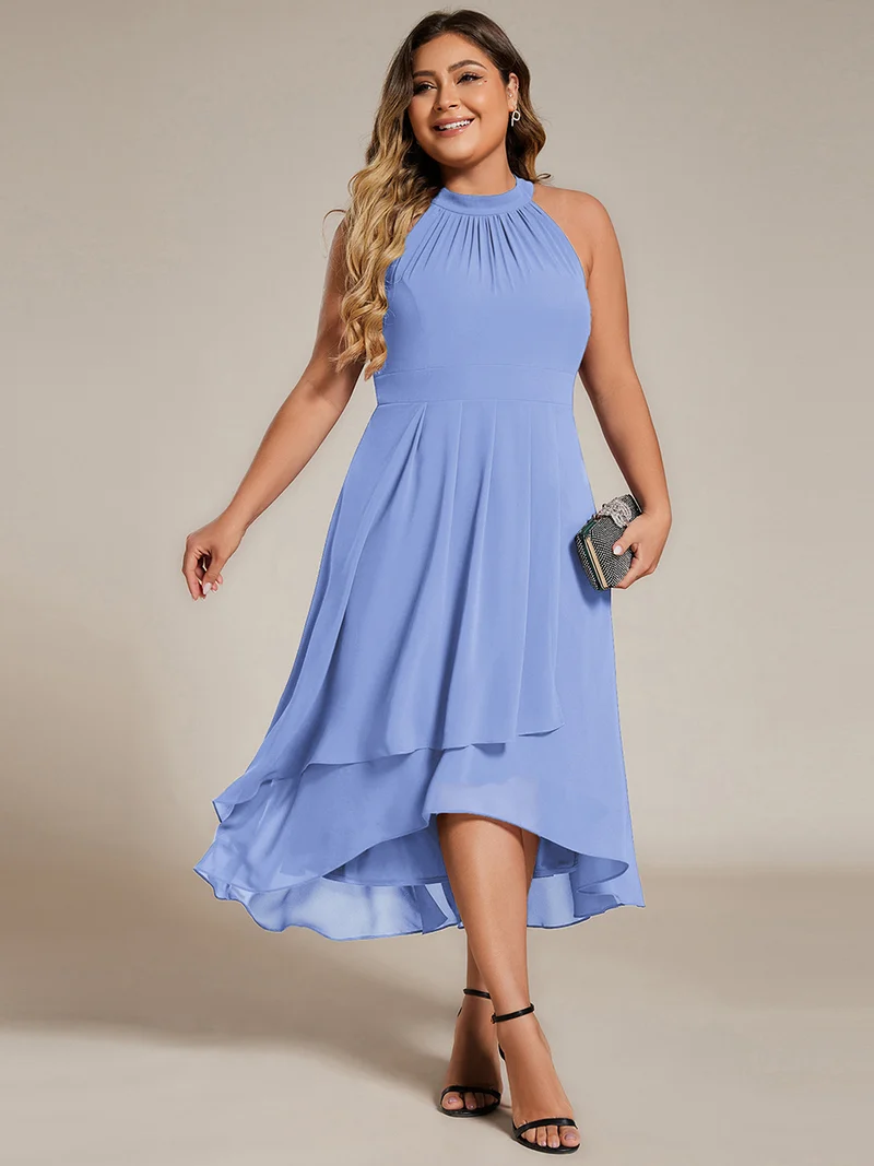 pretty POSIE|Grande Taille Robe d'invité de mariage mi-longue sans manches et col licou en mousseline de soie