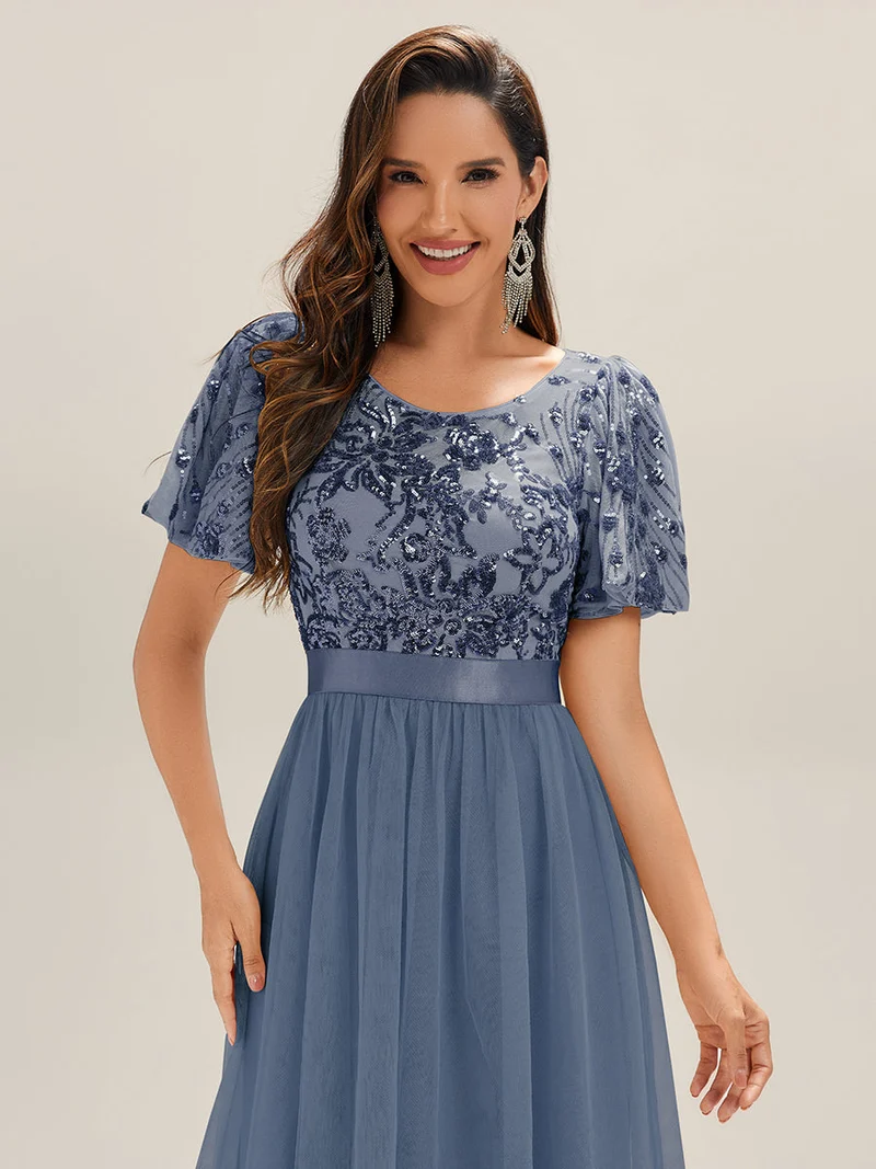 Robe de soirée mi-longue en tulle à sequins et col rond(Vente Finale)