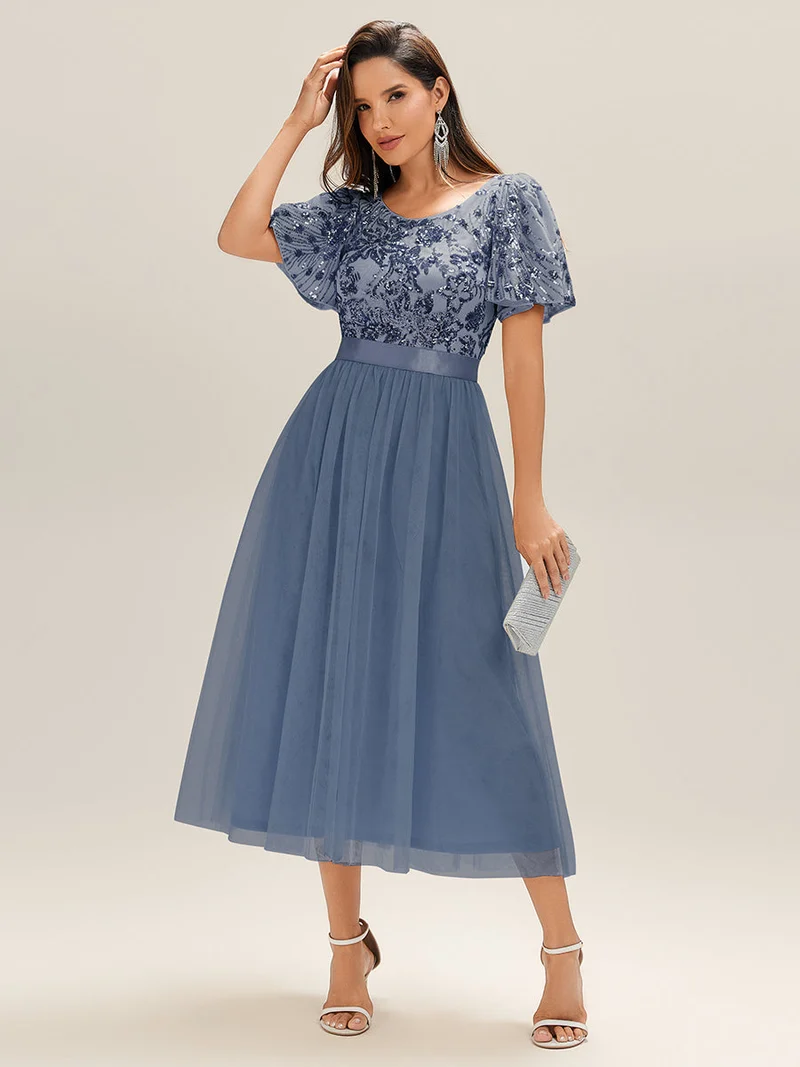 Robe de soirée mi-longue en tulle à sequins et col rond(Vente Finale)