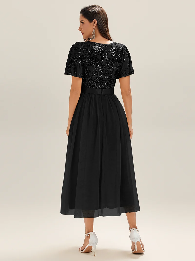 Robe de soirée mi-longue en tulle à sequins et col rond(Vente Finale)