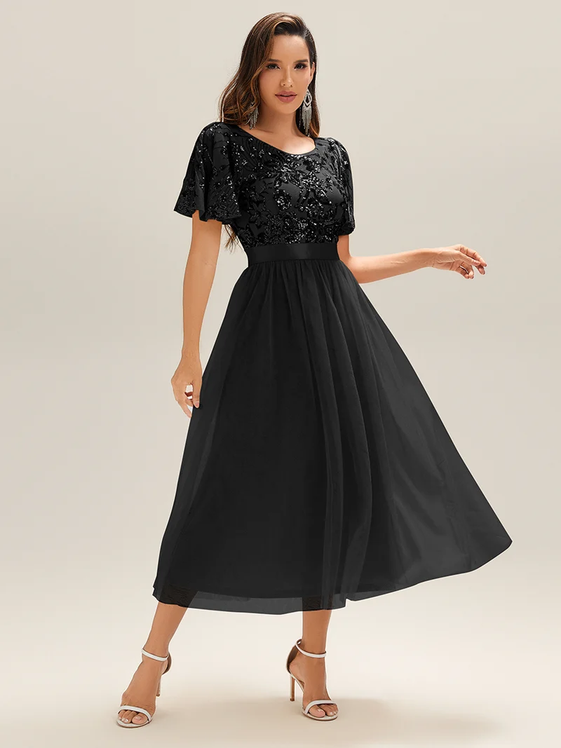 Robe de soirée mi-longue en tulle à sequins et col rond(Vente Finale)