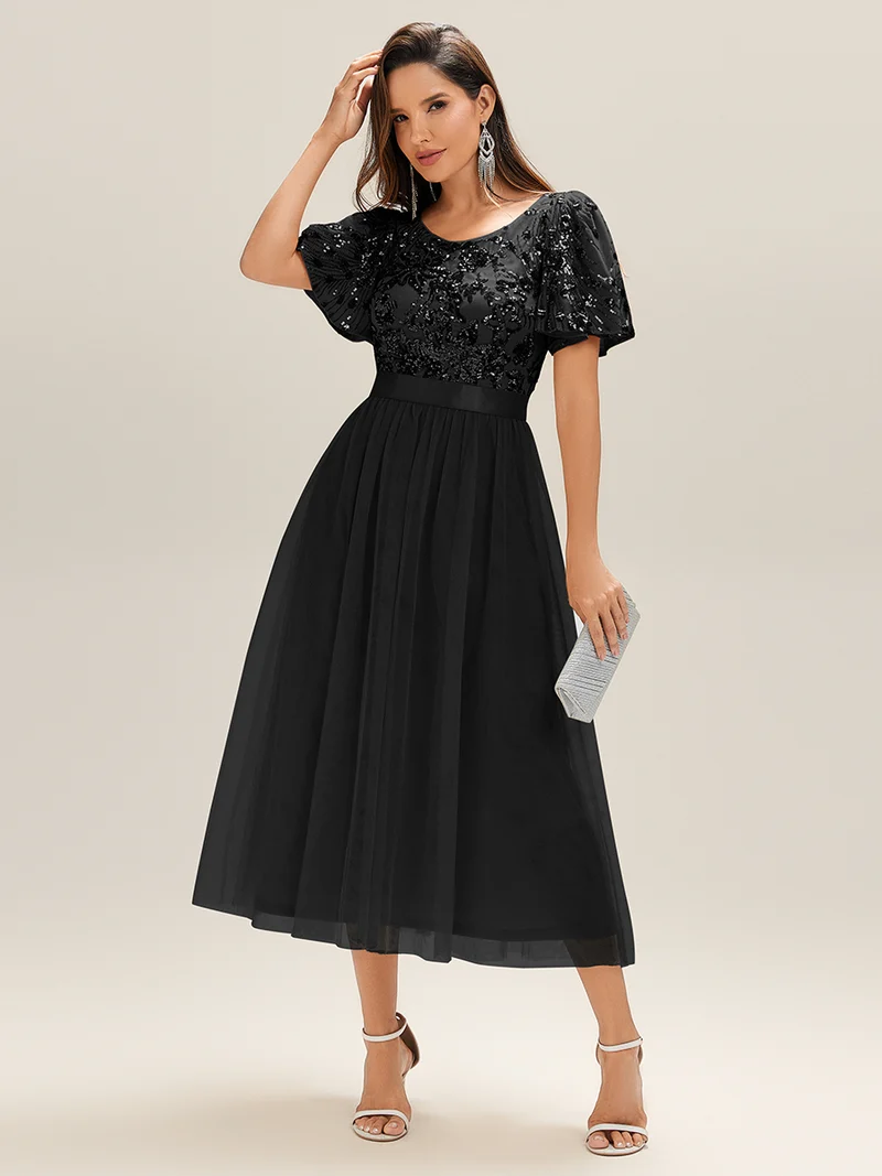 Robe de soirée mi-longue en tulle à sequins et col rond(Vente Finale)