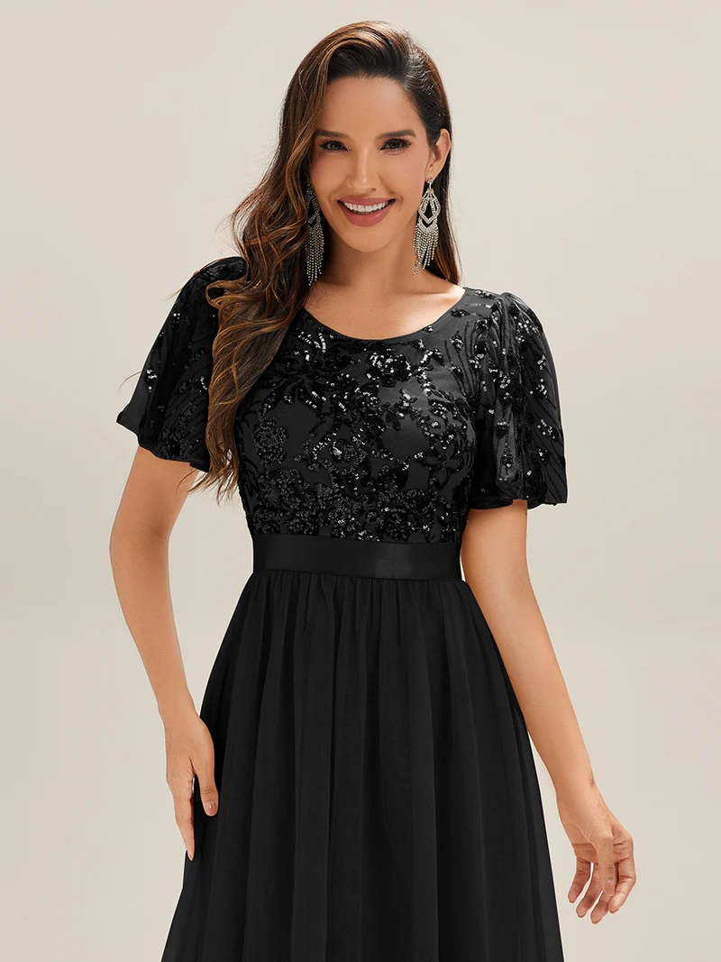 Robe de soirée mi-longue en tulle à sequins et col rond(Vente Finale)
