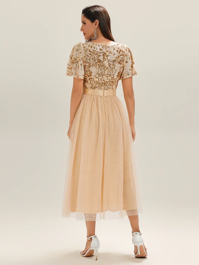 Robe de soirée mi-longue en tulle à sequins et col rond(Vente Finale)