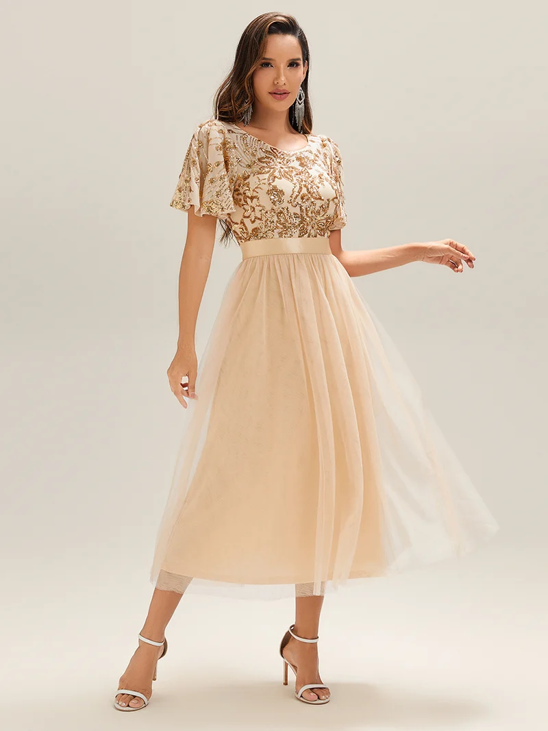 Robe de soirée mi-longue en tulle à sequins et col rond(Vente Finale)