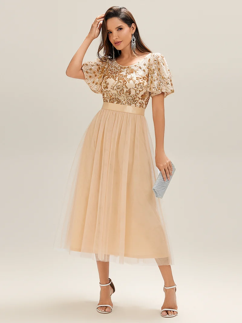 Robe de soirée mi-longue en tulle à sequins et col rond(Vente Finale)