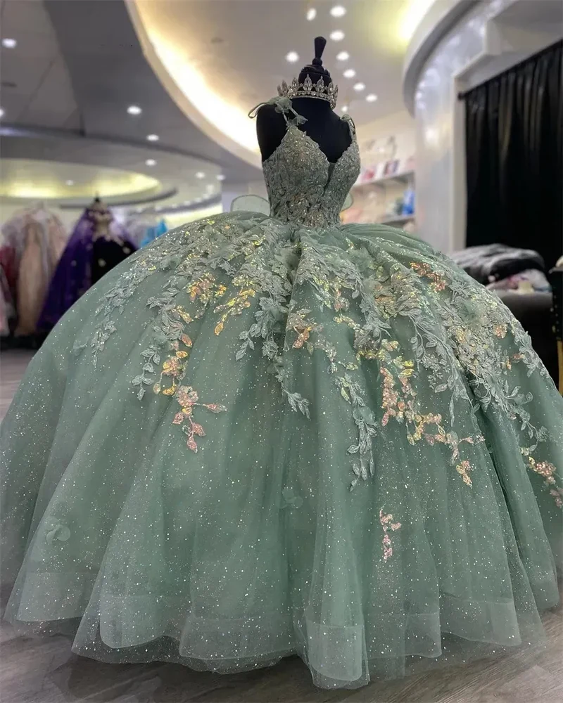 Robe de bal Quinceanera vert clair scintillante avec style corset
