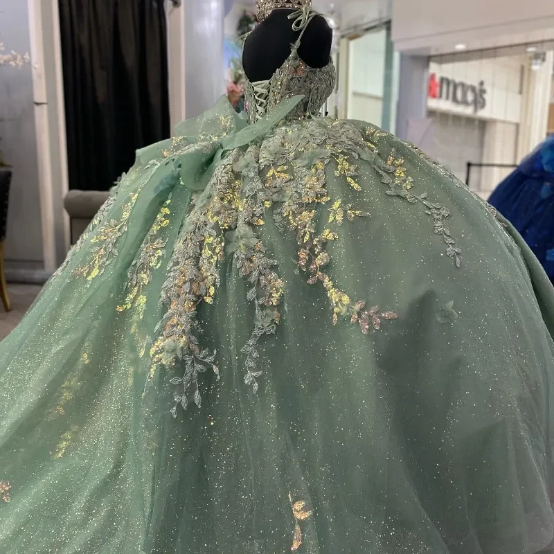Robe de bal Quinceanera vert clair scintillante avec style corset