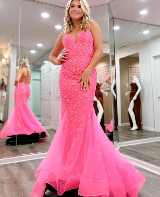 Robe de bal longue sirène à bretelles spaghetti en tulle et dentelle rose vif