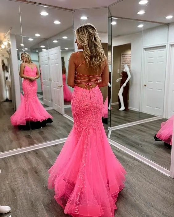 Robe de bal longue sirène à bretelles spaghetti en tulle et dentelle rose vif