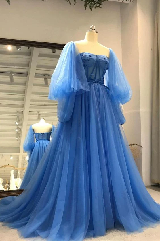 Robe de bal trapèze en tulle à manches longues avec soutien-gorge intégré