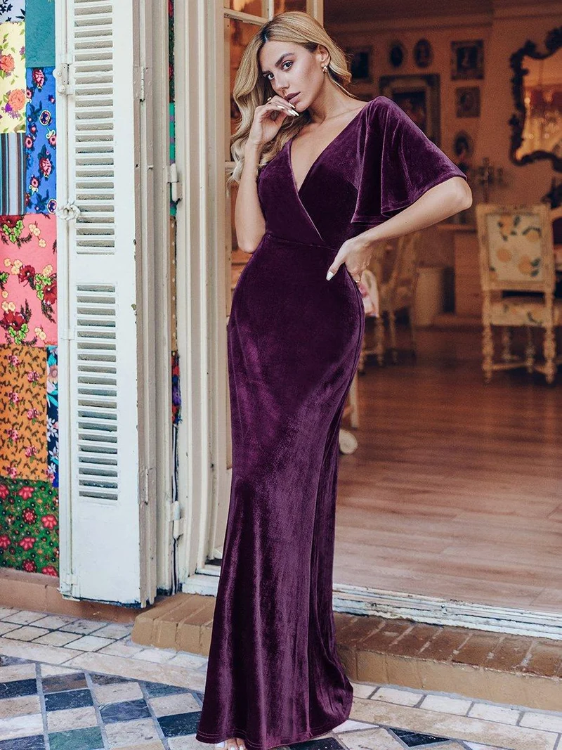 ever REINE|Robe de Soirée longue Velours à Col en V Pour Femmes (Vente finale)