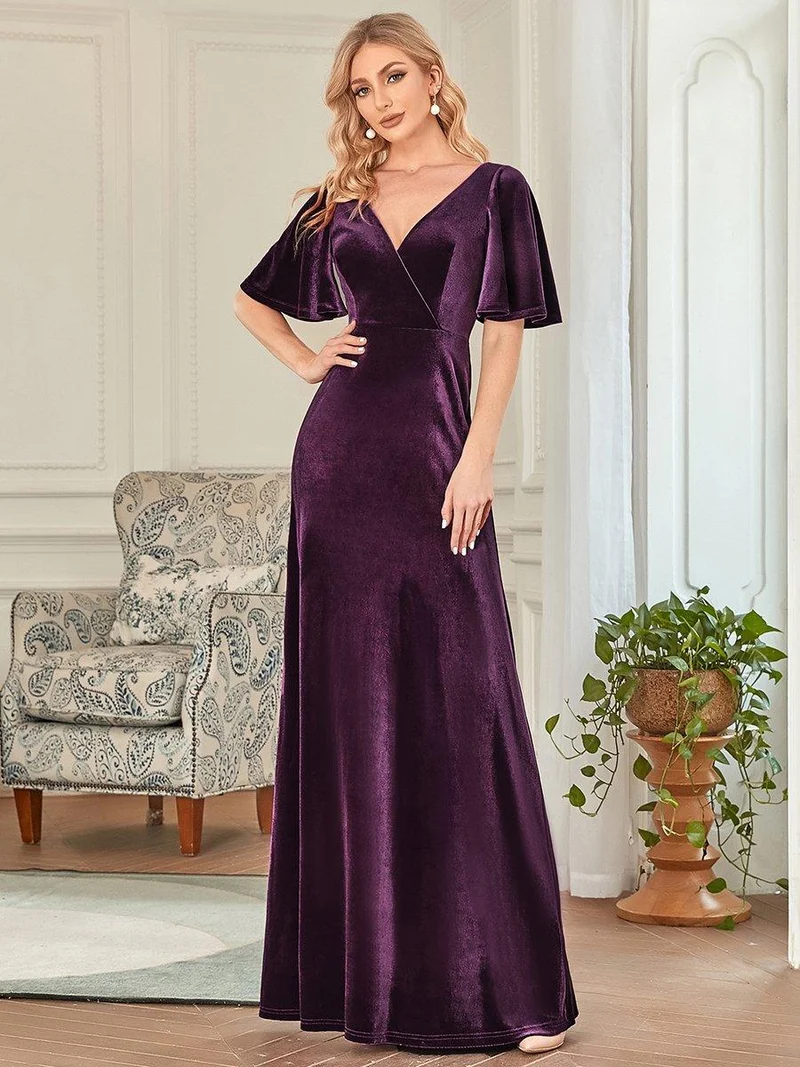 ever REINE|Robe de Soirée longue Velours à Col en V Pour Femmes (Vente finale)