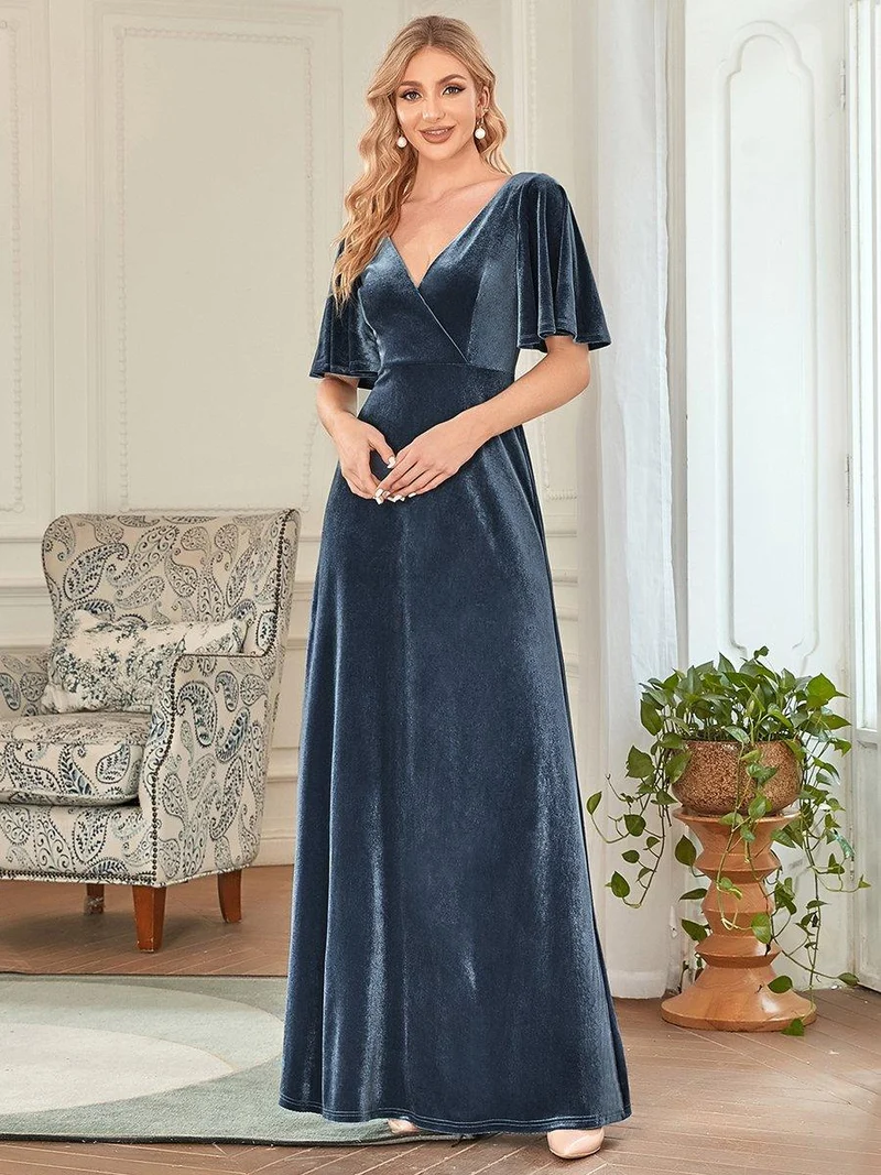 ever REINE|Robe de Soirée longue Velours à Col en V Pour Femmes (Vente finale)