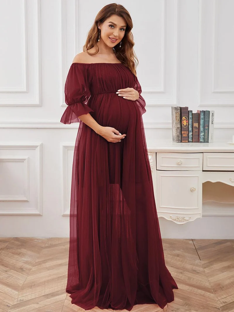Maxi robe de maternité en tulle plissé à épaules dénudées (Vente finale)