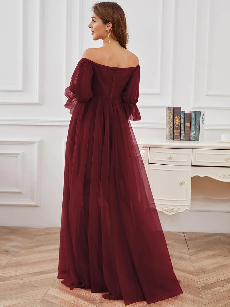Maxi robe de maternité en tulle plissé à épaules dénudées (Vente finale)