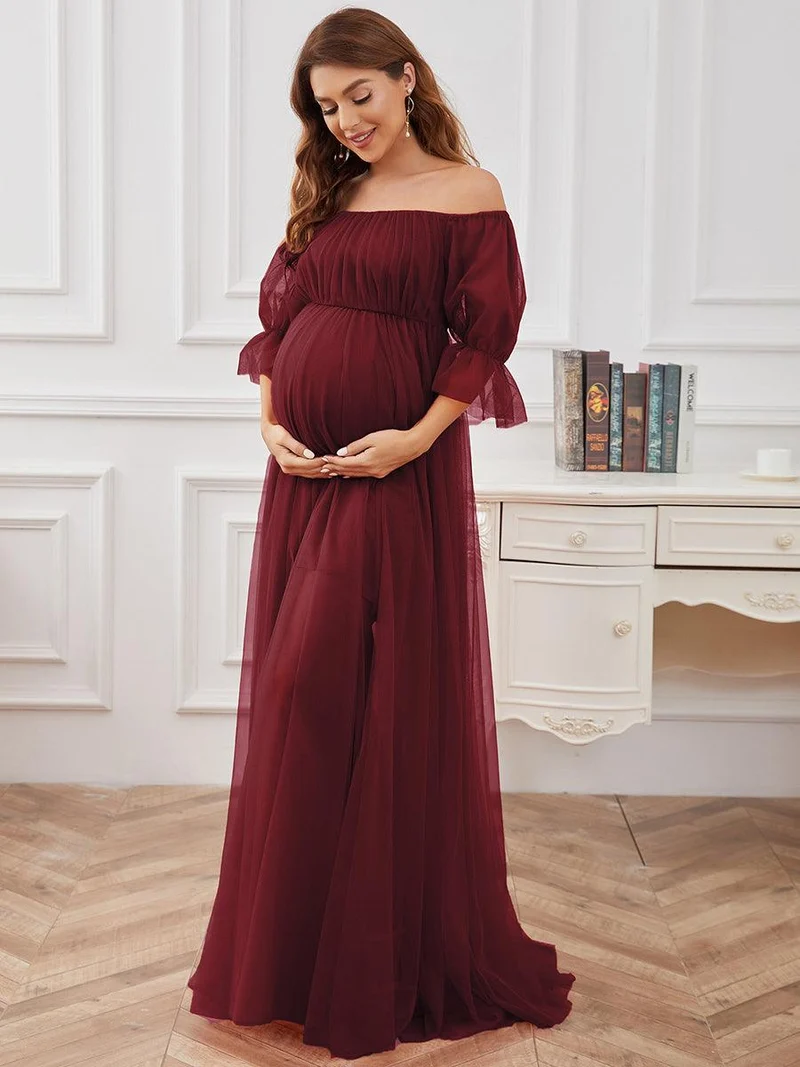 Maxi robe de maternité en tulle plissé à épaules dénudées (Vente finale)
