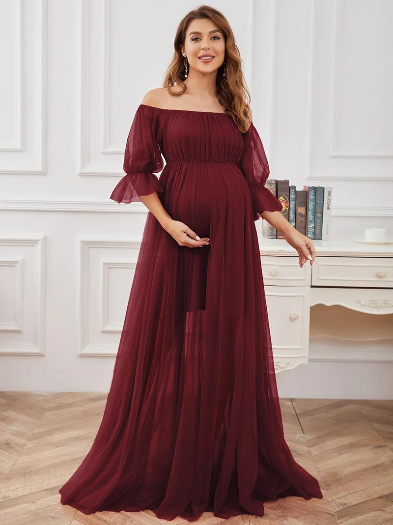 Maxi robe de maternité en tulle plissé à épaules dénudées (Vente finale)