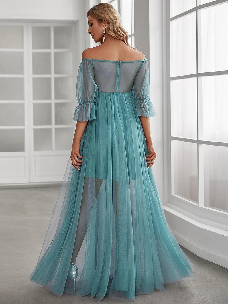 Maxi robe de maternité en tulle plissé à épaules dénudées (Vente finale)