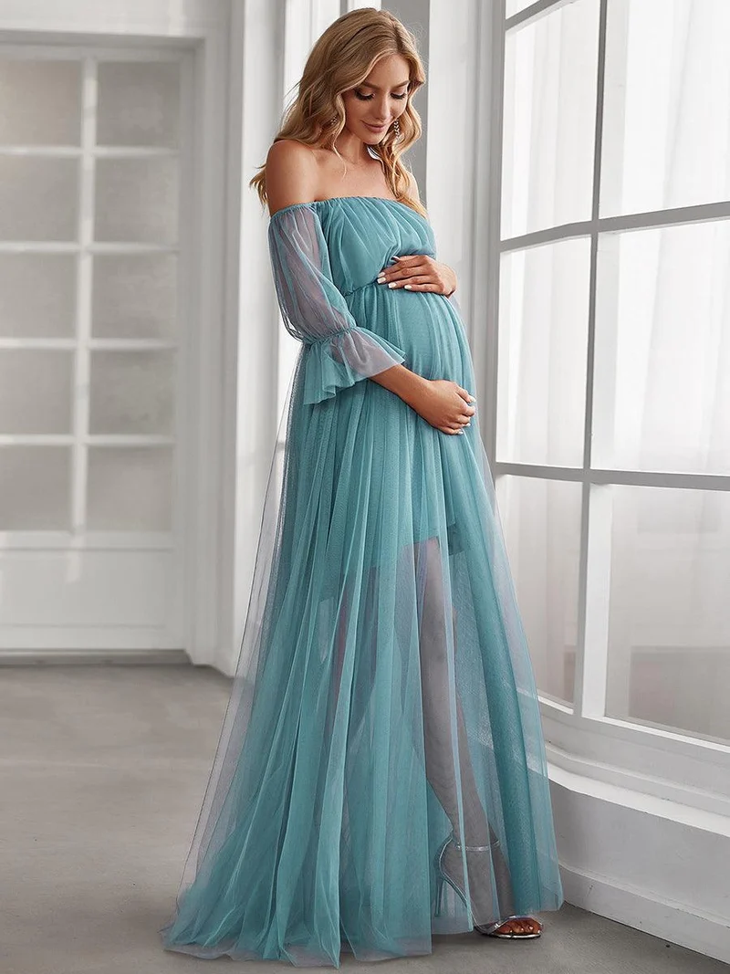Maxi robe de maternité en tulle plissé à épaules dénudées (Vente finale)