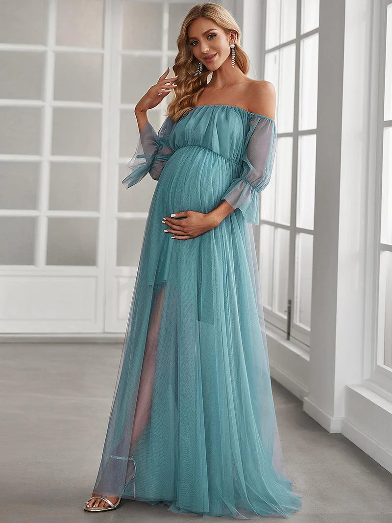 Maxi robe de maternité en tulle plissé à épaules dénudées (Vente finale)