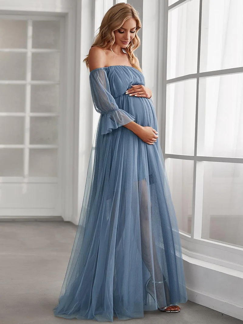 Maxi robe de maternité en tulle plissé à épaules dénudées (Vente finale)