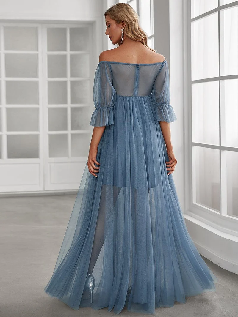 Maxi robe de maternité en tulle plissé à épaules dénudées (Vente finale)
