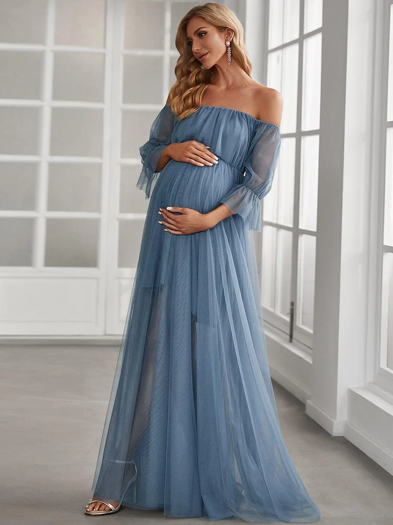 Maxi robe de maternité en tulle plissé à épaules dénudées (Vente finale)