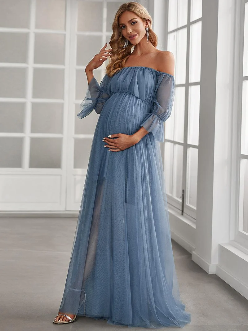 Maxi robe de maternité en tulle plissé à épaules dénudées (Vente finale)