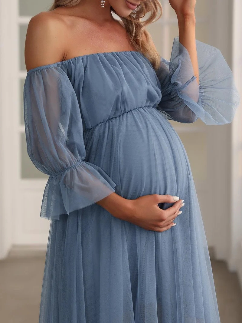 Maxi robe de maternité en tulle plissé à épaules dénudées (Vente finale)